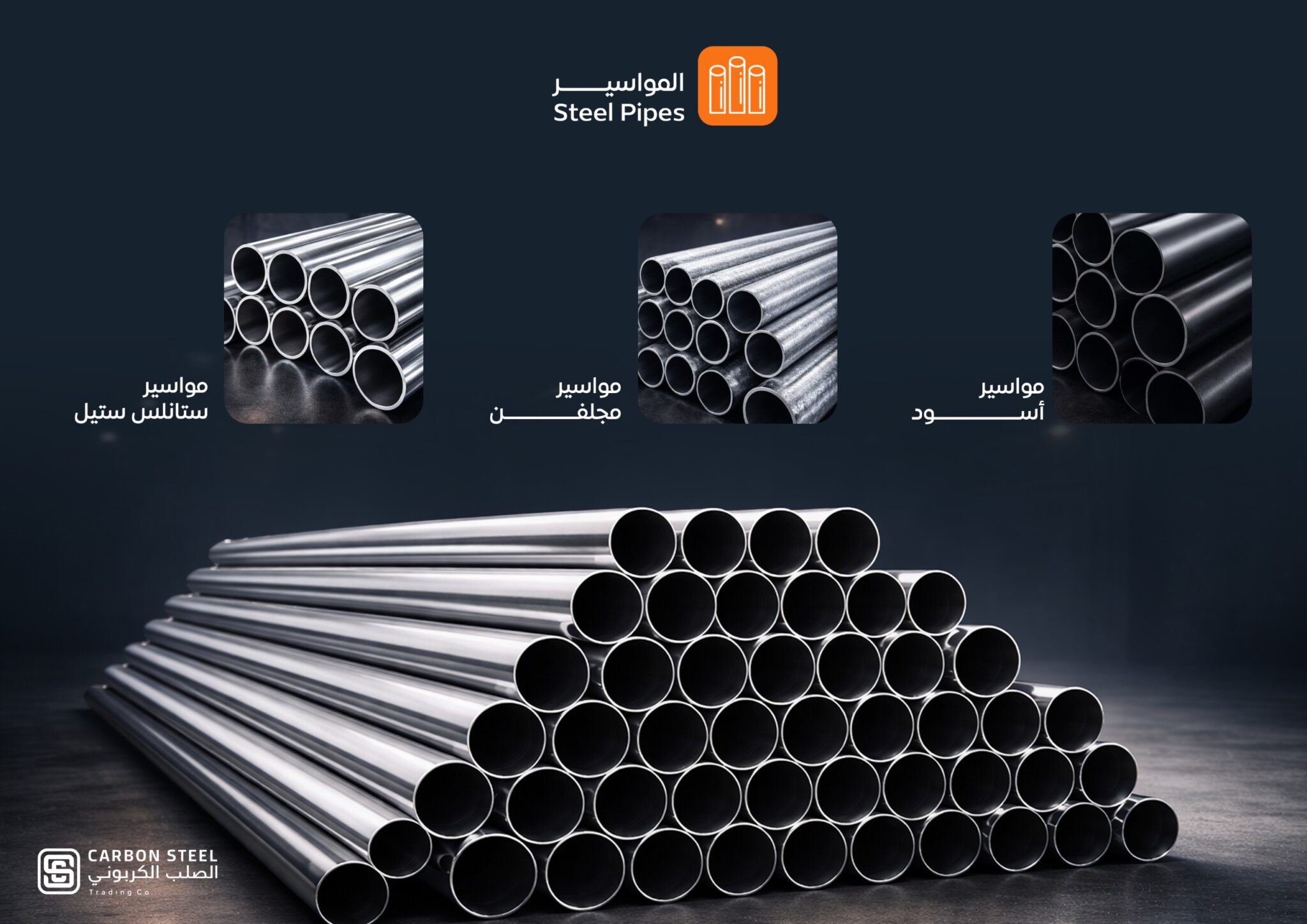 مواسير حديد أسود ومجلفن وستانلس ستيل بمقاسات وسماكات متعددة – Black, Galvanized and Stainless Steel Pipes in Various Sizes and Thicknesses